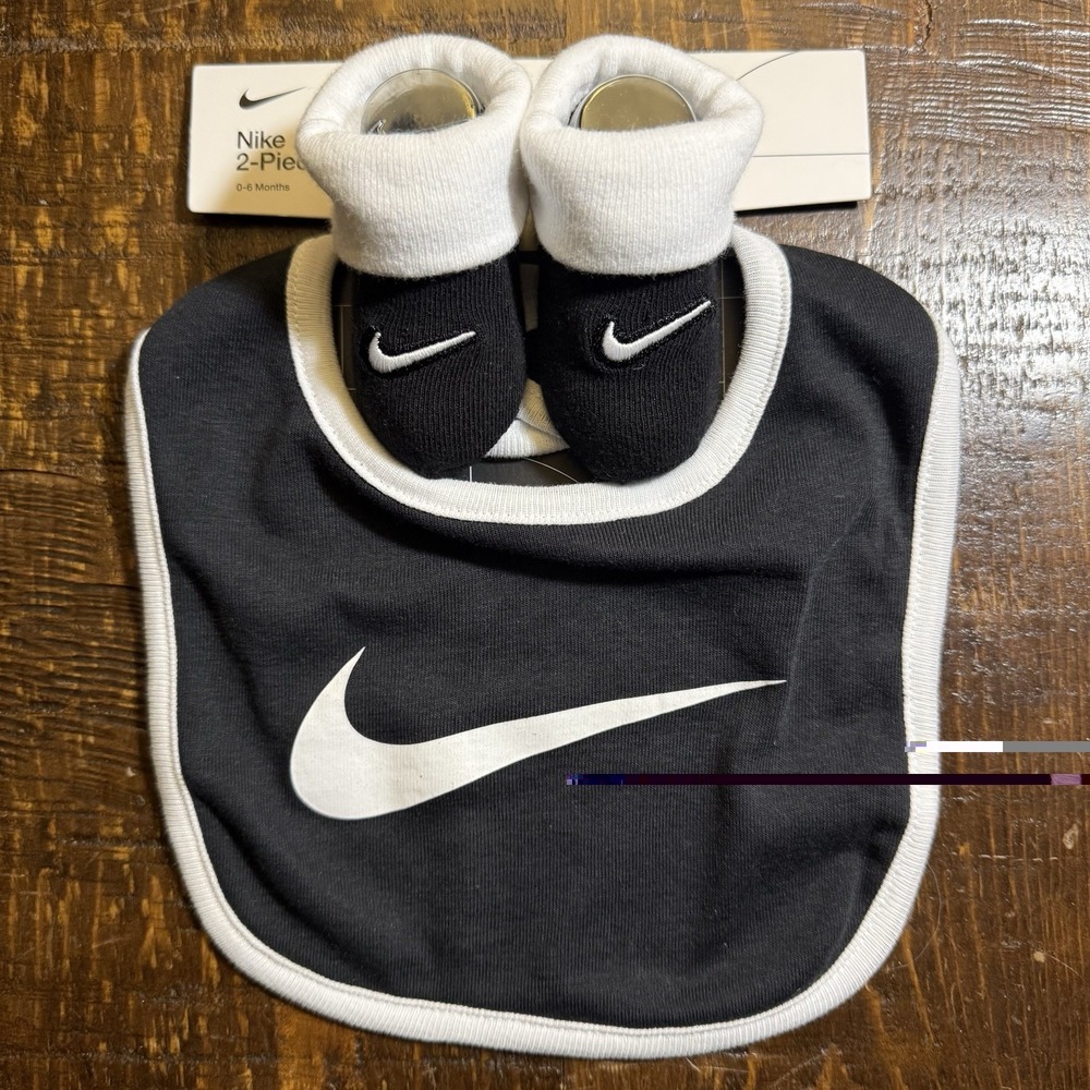 Nike Baby Booties and Bib Set, Size 0-6 Months, White, Black, Shower Gift S3